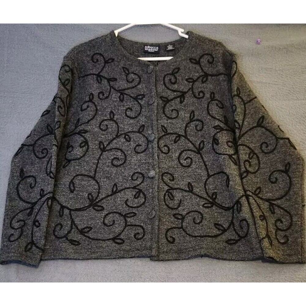 Gray Knit Cardigan Cozycore LP Austrailian Wool Black Embroidery Rebecca Malone